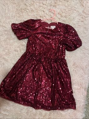 Cat & Jack Burgundy Sequin Puff-Sleeve Dress